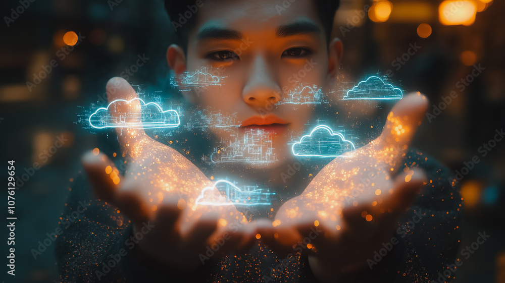 Poster a man is holding his hands up to show a cloud of data. concept of technology and the vast amount of 