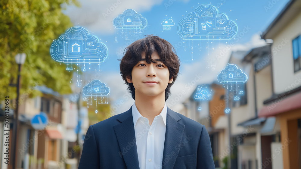 Poster a man in a suit is looking up at a blue sky with clouds. the clouds are connected to a computer scre