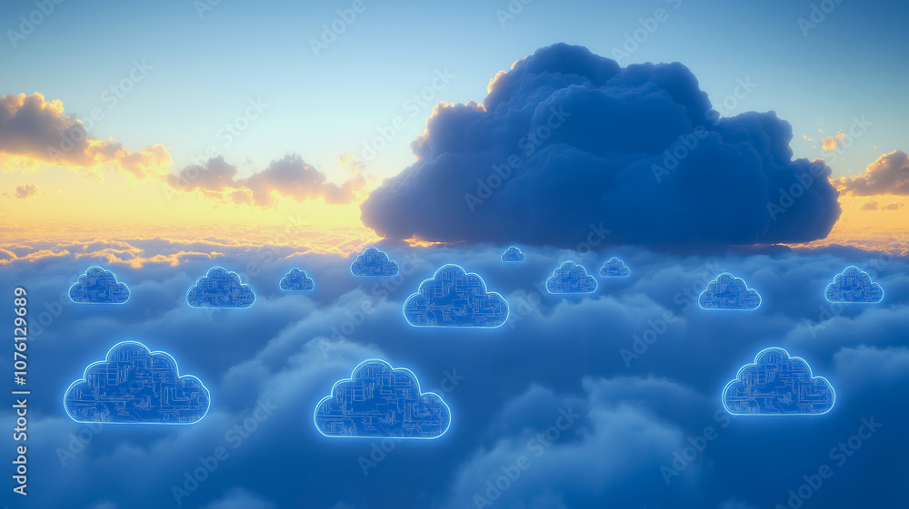 Aufkleber a blue sky with a large cloud and many smaller clouds. the clouds are all different shapes and sizes