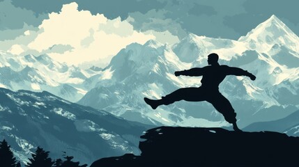 Silhouette of a man in a martial arts pose on a mountain peak.