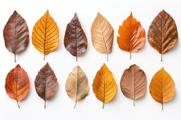 Fototapeta premium Collection of autumn leaves in warm earthy tones on white background