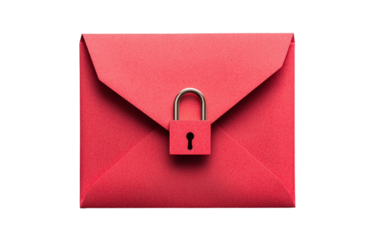 Red envelope with lock symbolizing secured communication, white isolate background.