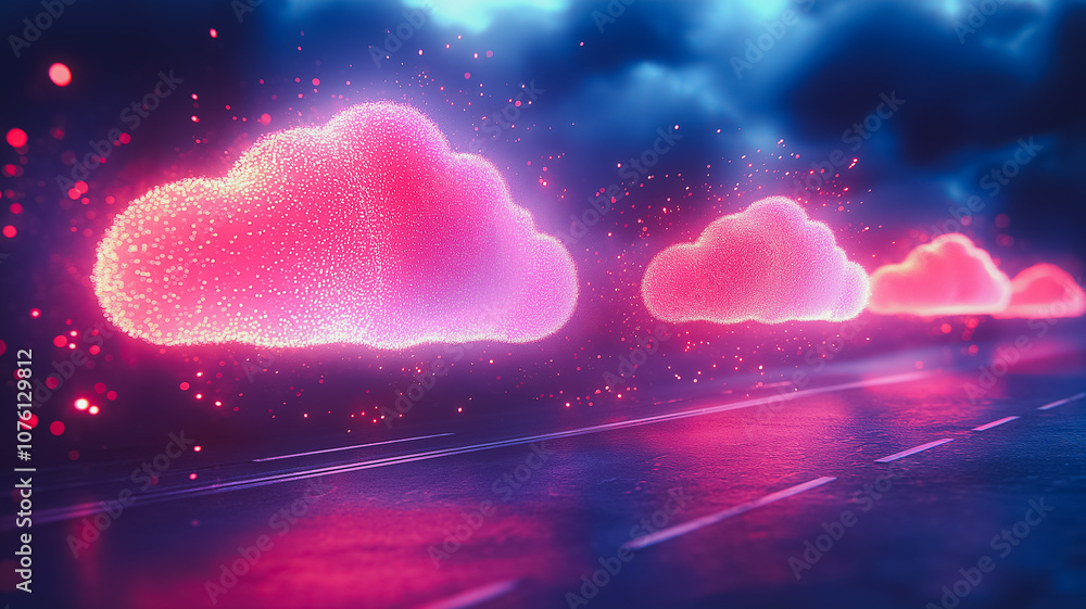 Poster a road with three pink clouds in the sky. the clouds are lit up and appear to be floating in the air
