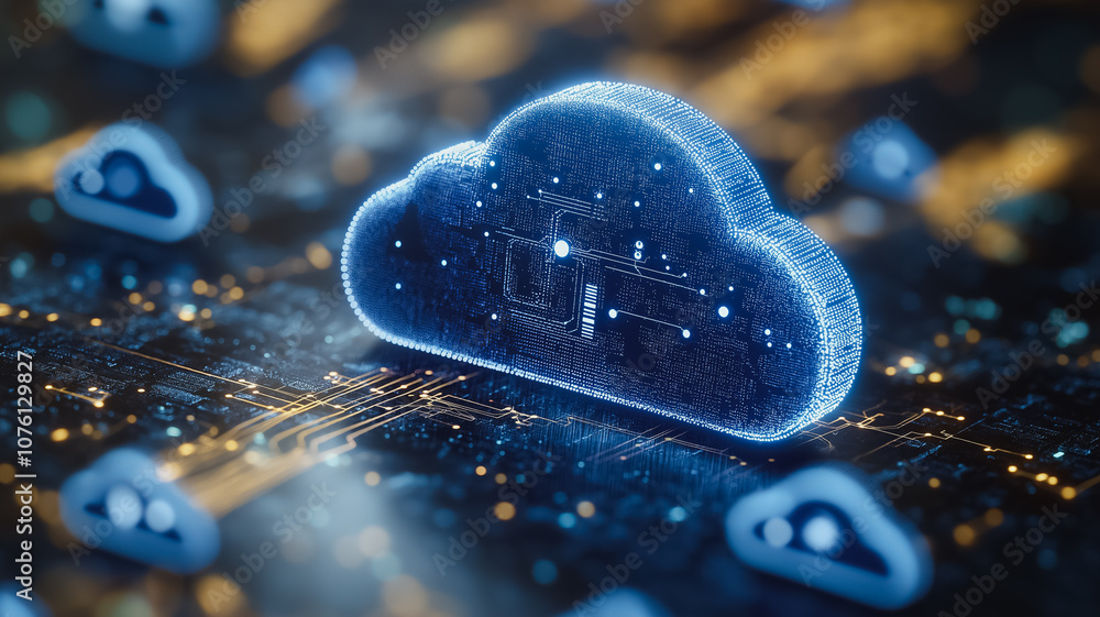 Poster a blue cloud with a white dot on it is surrounded by other clouds. concept of technology and innovat