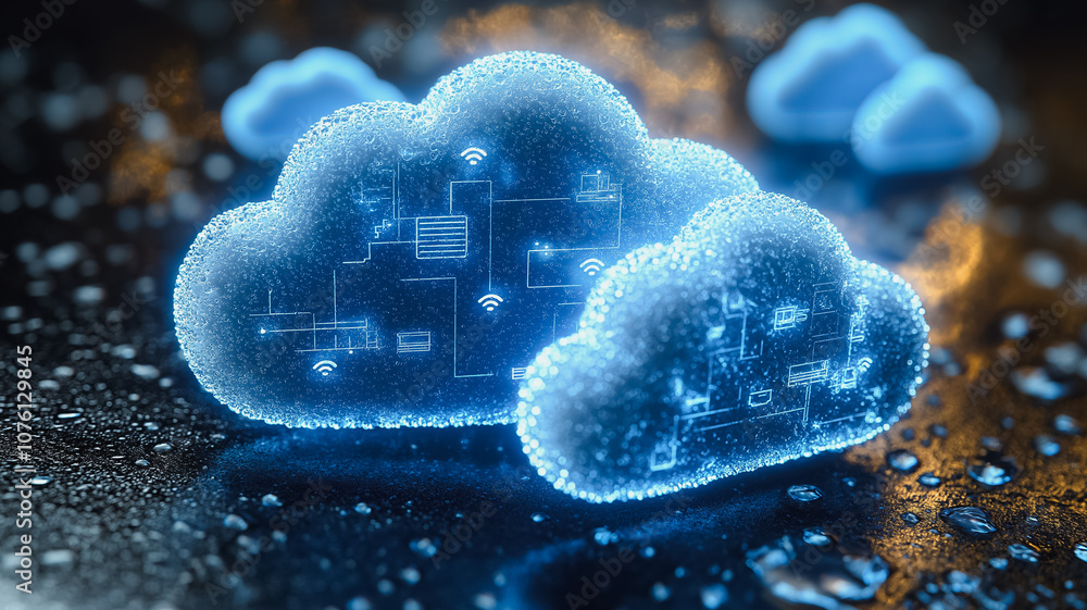 Poster two blue clouds with a lot of detail on them. the clouds are connected to each other and have a lot 