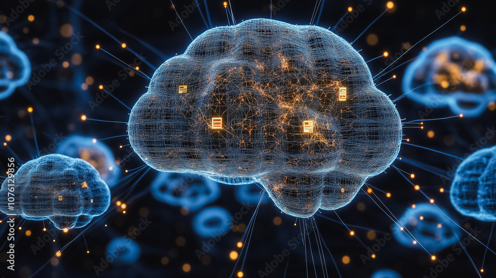 Poster a computer brain with many small dots and lines. the brain is blue and orange. the dots and lines ar
