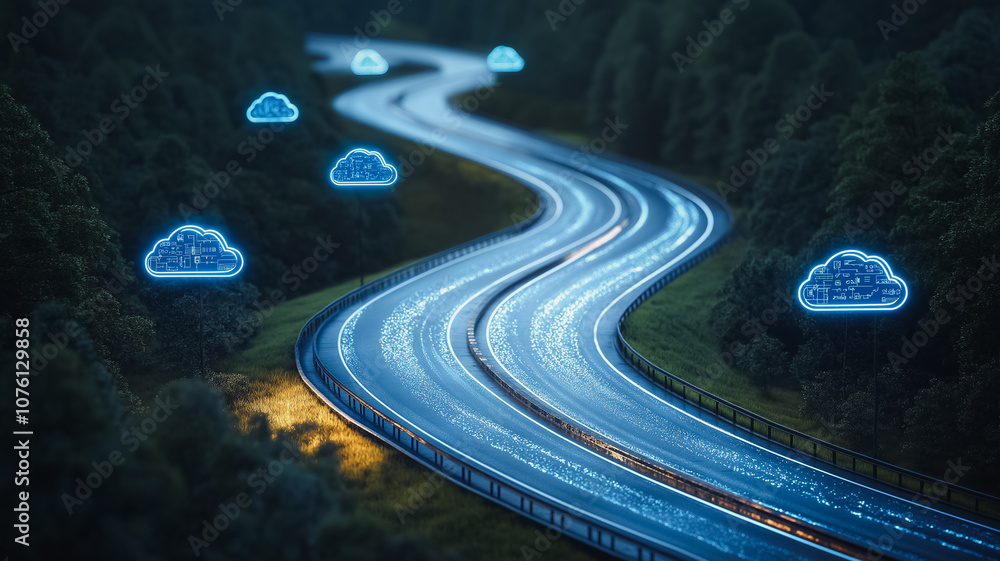 Poster a winding road with a blue line and glowing clouds on it. the clouds are illuminated and are placed 