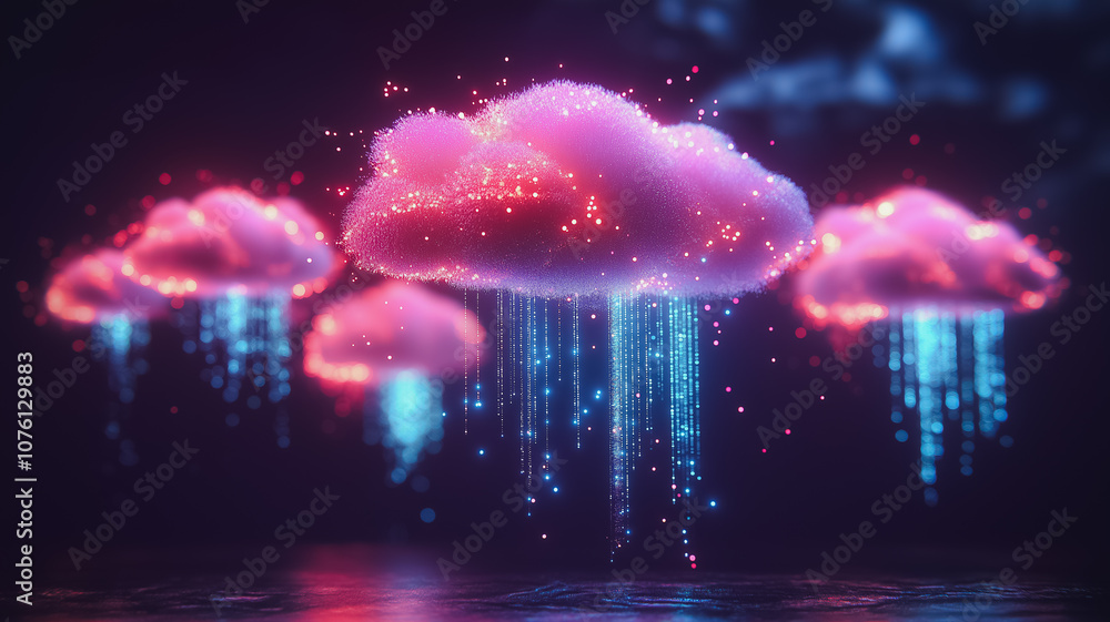 Poster a series of pink and blue clouds with a blue stream of water falling from them. the clouds are illum