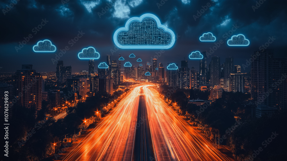Poster a city skyline with a highway in the middle and a cloud of data above it. the idea of the image is t