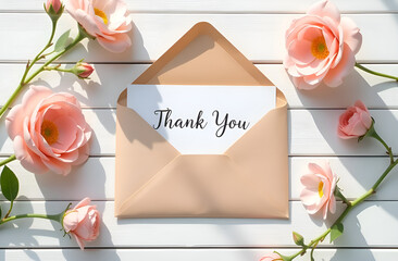 Top view of the delicate composition, craft paper envelope with a thank you card, surrounded by delicate cherry blossoms in soft sunlight. Selective focus. Blurred background.