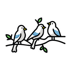 Three white birds sitting on leafy branch, Vector illustration of three white birds perched on a leafy branch, symbolizing nature, wildlife, and peaceful outdoor scenery.
