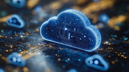 A blue cloud with a white dot on it is surrounded by other clouds. Concept of technology and innovation, as the cloud is a symbol of data storage and processing