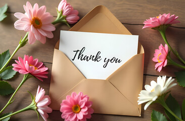 Top view of the delicate composition, craft paper envelope with a thank you card, surrounded by delicate cherry blossoms in soft sunlight. Selective focus. Blurred background.