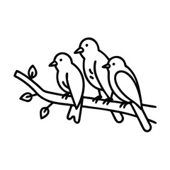 Three birds sitting on branch outline icon, Vector illustration of three birds perched on a branch, depicted in a simple black outline, symbolizing nature, wildlife, and peaceful scenery.
