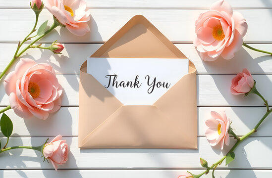 Top view of the delicate composition, craft paper envelope with a thank you card, surrounded by delicate cherry blossoms in soft sunlight. Selective focus. Blurred background.