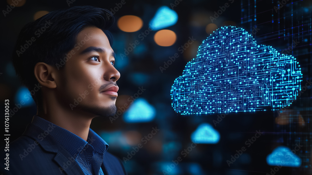 Poster a man is looking at a computer screen with a blue cloud on it. concept of technology and innovation,