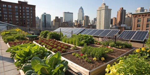 Fototapeta premium Sustainable Urban Rooftop Garden with Solar Panels and Cityscape View - Eco-Friendly Architecture, Green Living, Urban Farming, Renewable Energy, Nature in the City, Sustainable Design