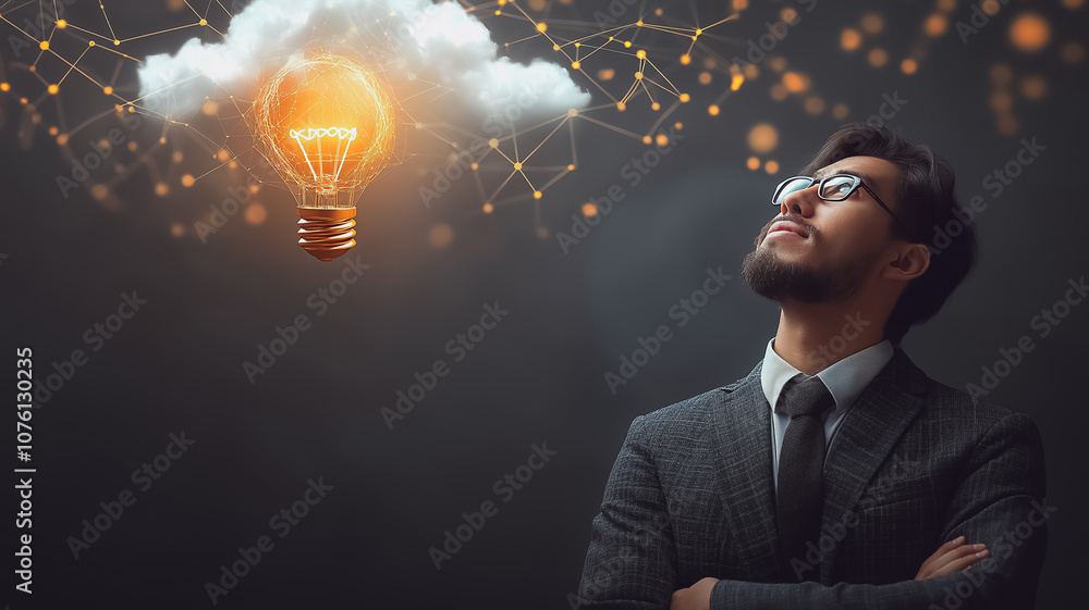 Poster a man is looking up at a light bulb that is floating in the air. concept of wonder and curiosity, as