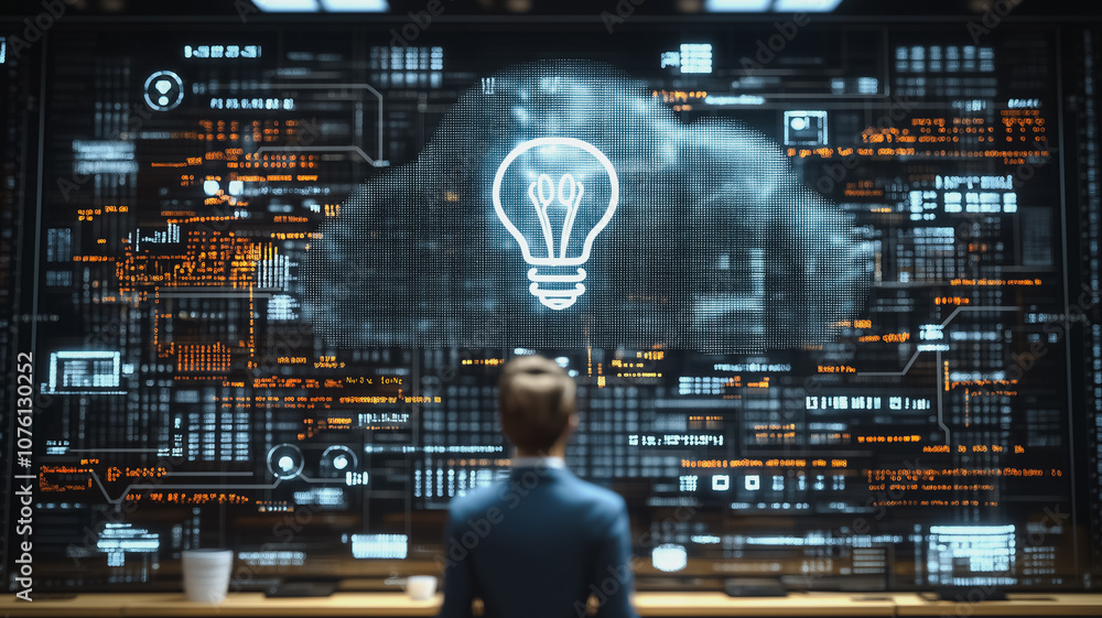 Poster a man is looking at a computer screen with a light bulb on it. concept of innovation and creativity,