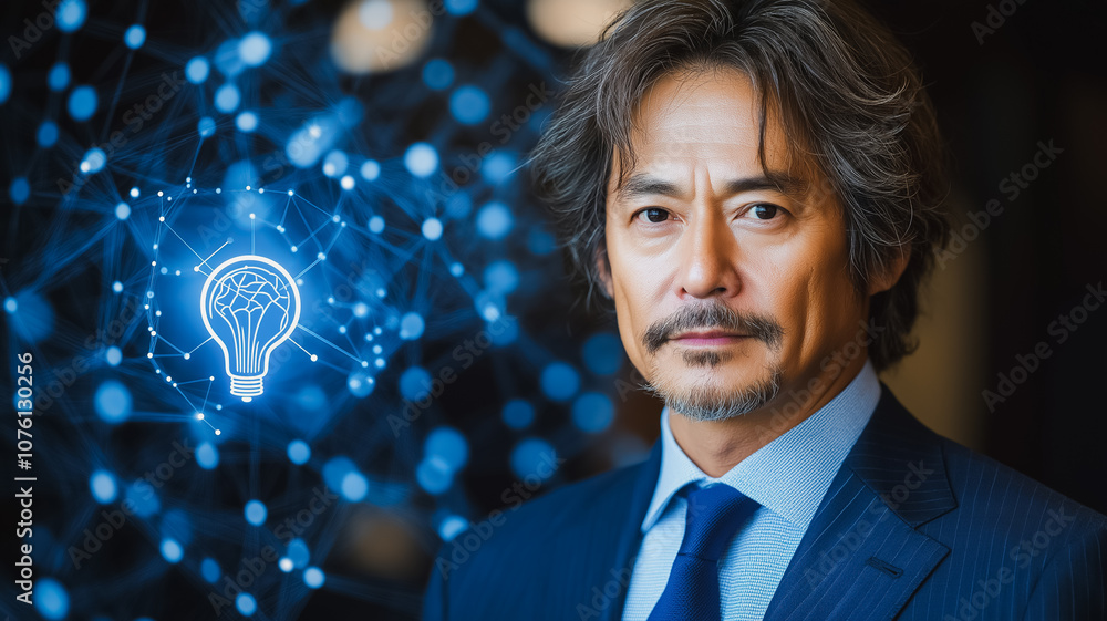 Poster a man is standing in front of a blue background with a light bulb in the middle. concept of intellig