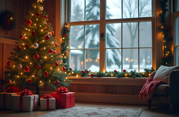 Gift boxes under a Christmas tree, a blurred large winter window with garlands in the background. Holiday card, Merry Christmas. Selective focus, blurred background.