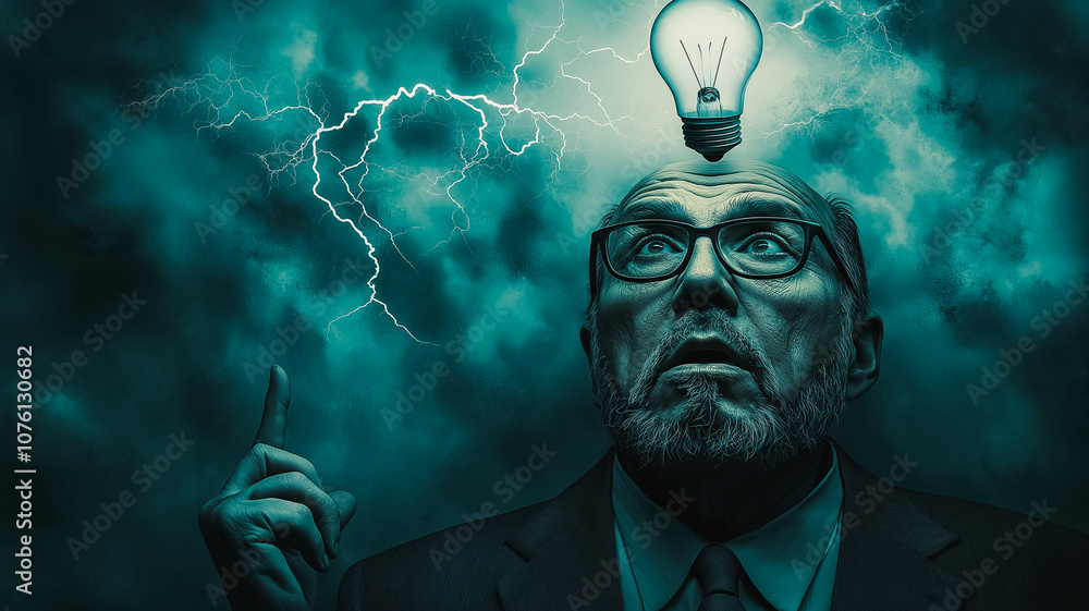 Poster a man with glasses is pointing to a light bulb in the sky. concept of curiosity and wonder, as if th