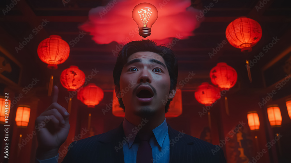 Aufkleber a man is pointing at a light bulb in a room with red lanterns. scene is mysterious and intriguing