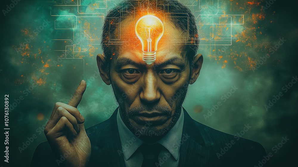 Aufkleber a man with a light bulb on his head is pointing to his head. the image is a representation of the id