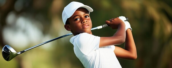 Close-up of young golfer practicing swing technique, golf youth swing, learning and determination