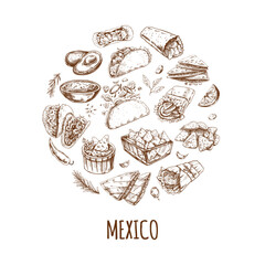 Monochrome elements in circle.  Realistic mexican dishes and products. Vintage sketch drawings of Latin American cuisine