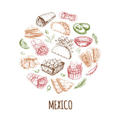Elements in circle.  Realistic mexican dishes and products. Vintage sketch drawings of Latin American cuisine
