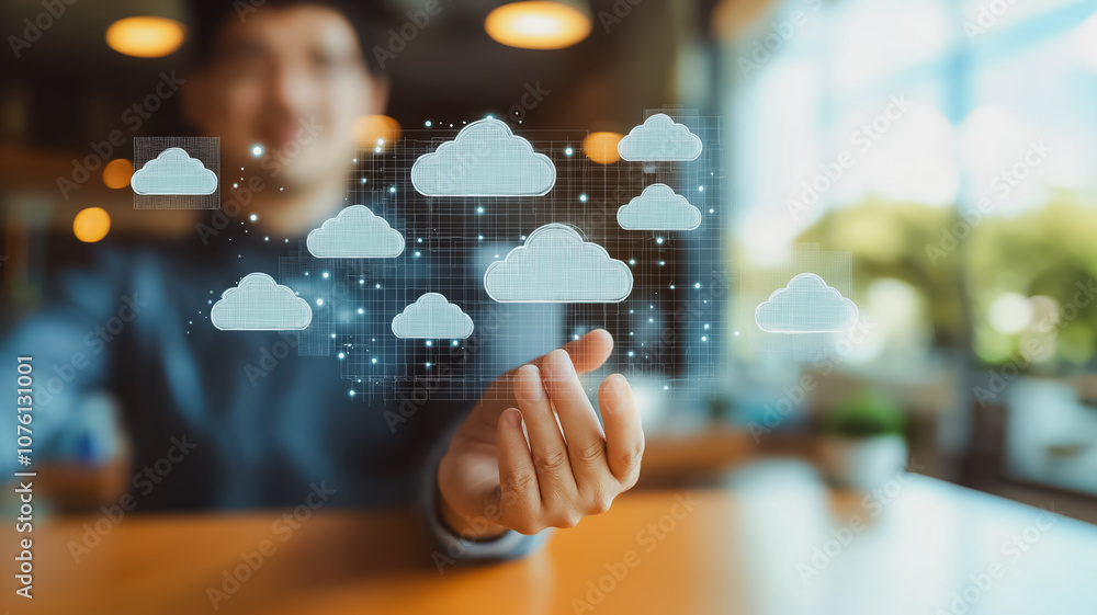 Aufkleber a man is holding a hand up to a computer screen that has a cloud symbol on it. the clouds are scatte