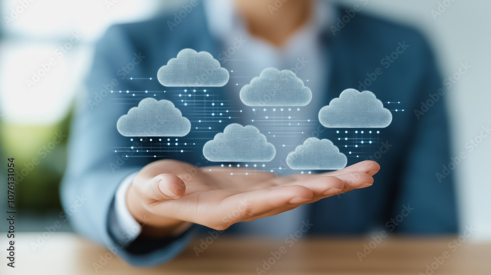 Poster a person is holding a hand up to show a cloud with five other clouds. concept of technology and the 