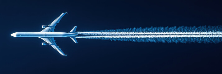 Condensation trails of a flying jet. AI generative.