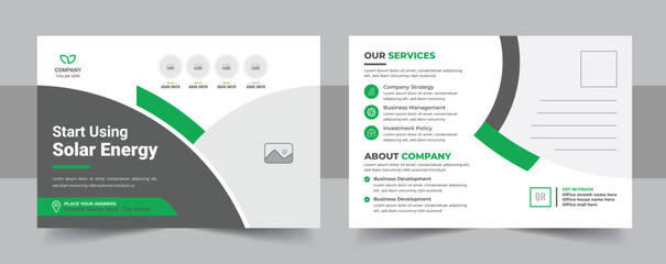 Modern solar panel postcard design, eco energy or green energy creative eddm postcard template layout vector