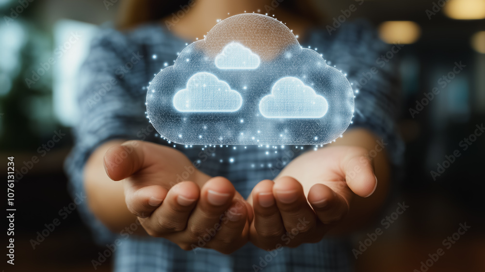 Poster a woman is holding a hand up to show a cloud with three other clouds. concept of technology and inno