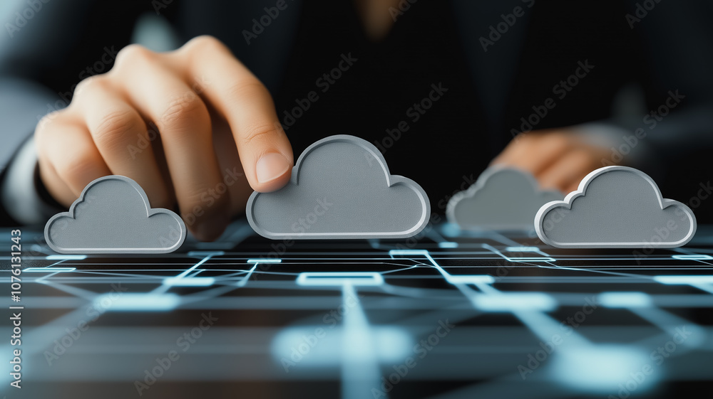 Poster a person is drawing three clouds on a computer screen. the clouds are grey and appear to be connecte