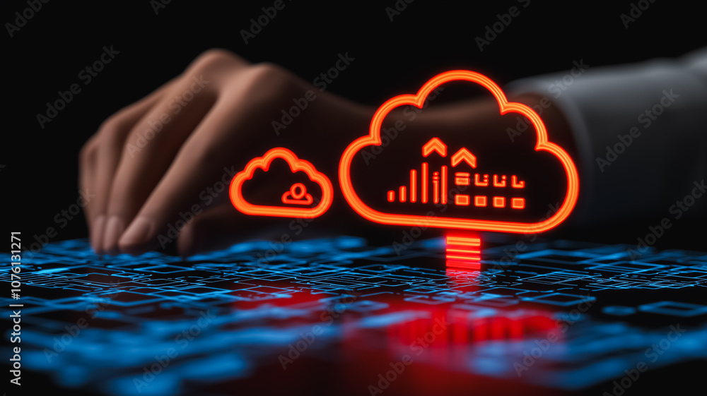 Poster a hand is pointing at a cloud with a red dot on it. the cloud is surrounded by a blue background