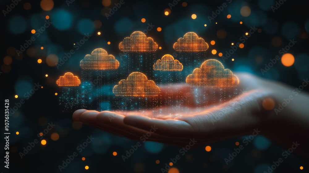 Poster a hand holding a bunch of clouds. the clouds are in different sizes and colors. concept of wonder an