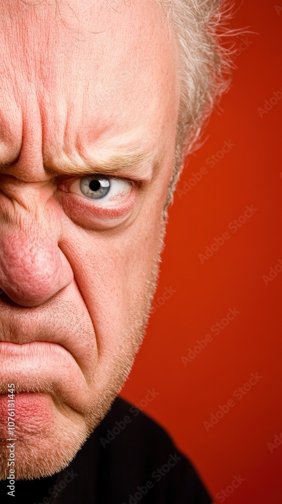 Poster a close-up of an angry man with a furrowed brow against a red background.