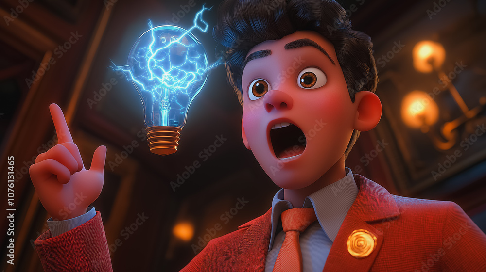 Poster a cartoon character is pointing at a light bulb with a lightning bolt. the character is wearing a re