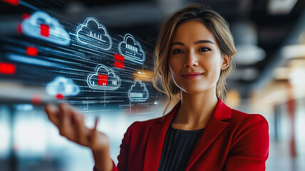 A woman is holding a tablet with a cloud image on it. She is smiling and she is proud of the image