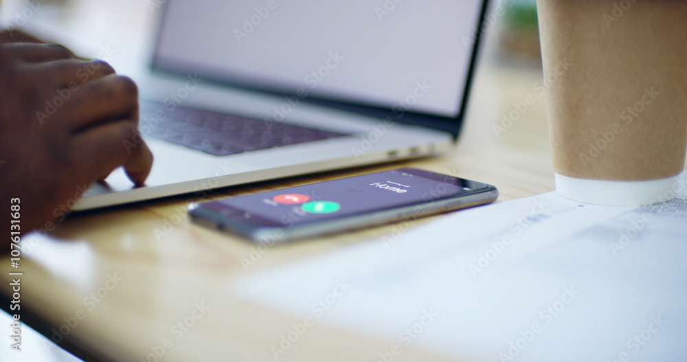 Poster phone call, screen and hands of business person for communication, contact and consultant. laptop, t