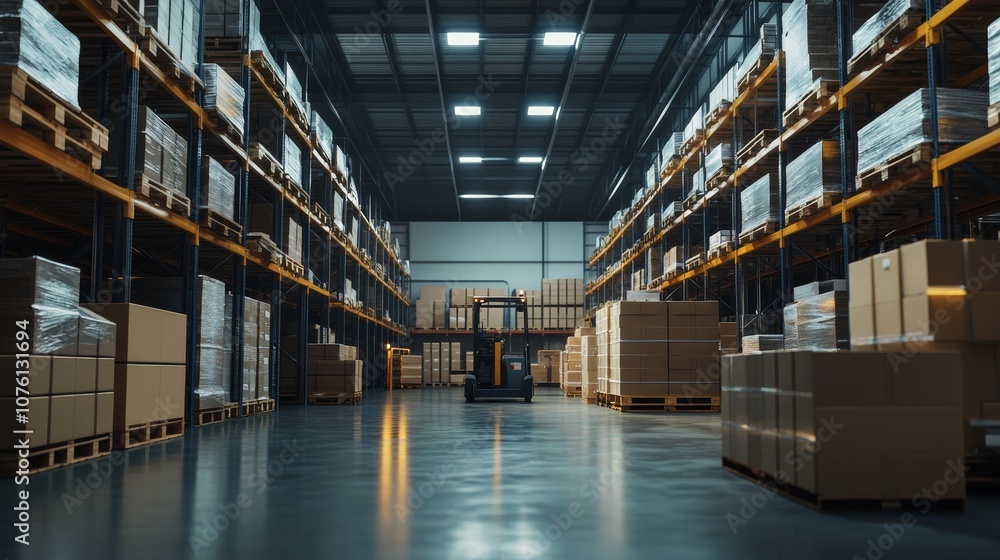 Poster a forklift drives through a large warehouse with rows of stacked boxes and pallets.