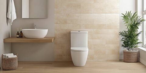 A modern bathroom featuring a minimalist design with a white toilet, a stylish sink, wooden accents, and a touch of greenery.