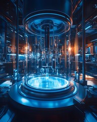 Futuristic Sci Fi Interior with Illuminated Digital Architecture and Data Networks