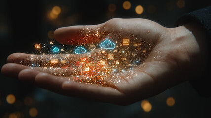 A hand holding a hand full of colorful, glowing, and abstract shapes. The shapes are all different sizes and colors, and they appear to be floating in the air. Concept of wonder and creativity