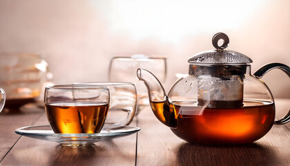 A glass teapot filled with hot tea is accompanied by two cups, creating a cozy and inviting atmosphere. The scene captures the warmth and tranquility of enjoying a refreshing tea moment.
