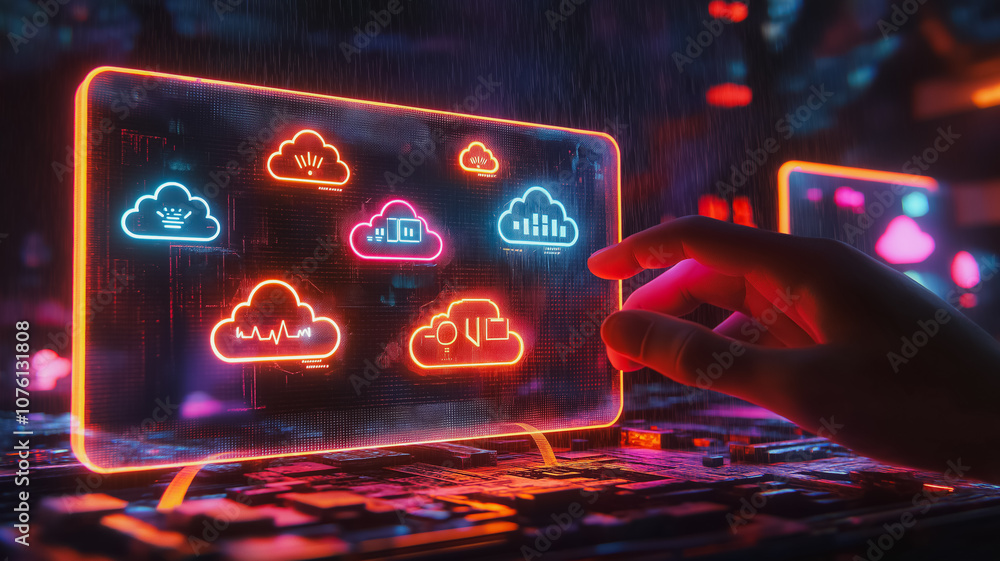 Poster a hand is pointing at a computer screen that is lit up with neon colors and has a cloud icon on it