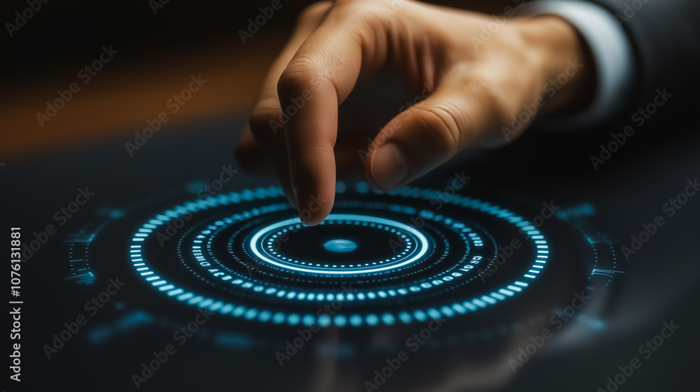 Aufkleber a hand is pointing at a blue circle on a screen. the circle is surrounded by a series of smaller cir